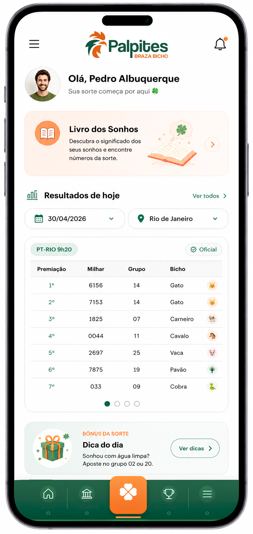 Tela inicial com os resultados de hoje