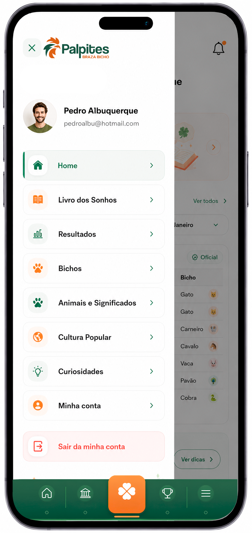 Menu do app